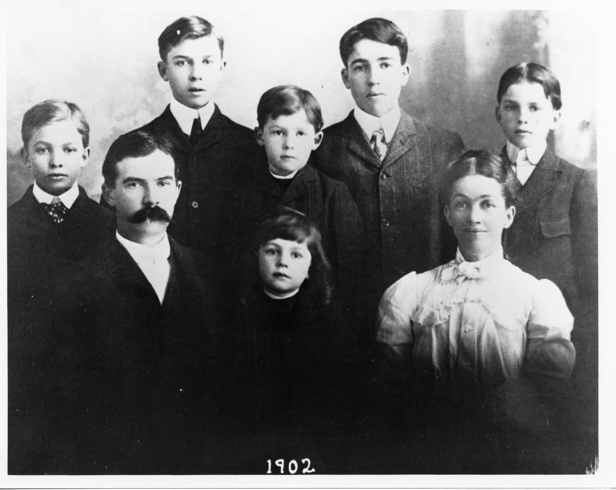 1902 - Eisenhower family photo. - Front Row Left to Right: David, Milton, Ida - Back Row Left to Right: Dwight, Edgar, Earl, Arthur, Roy