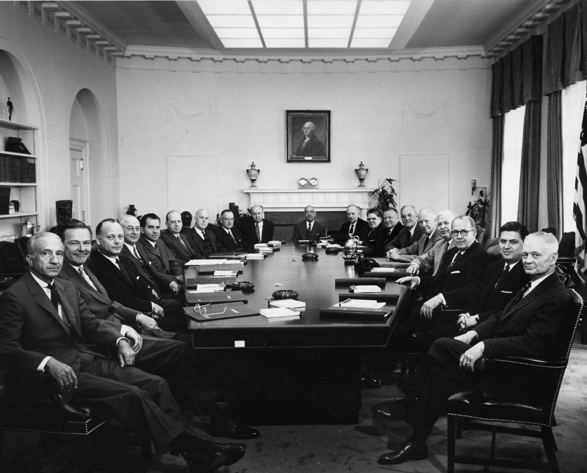 Photo of the Eisenhower Second Administration Cabinet Members during a meeting on May 10, 1957.