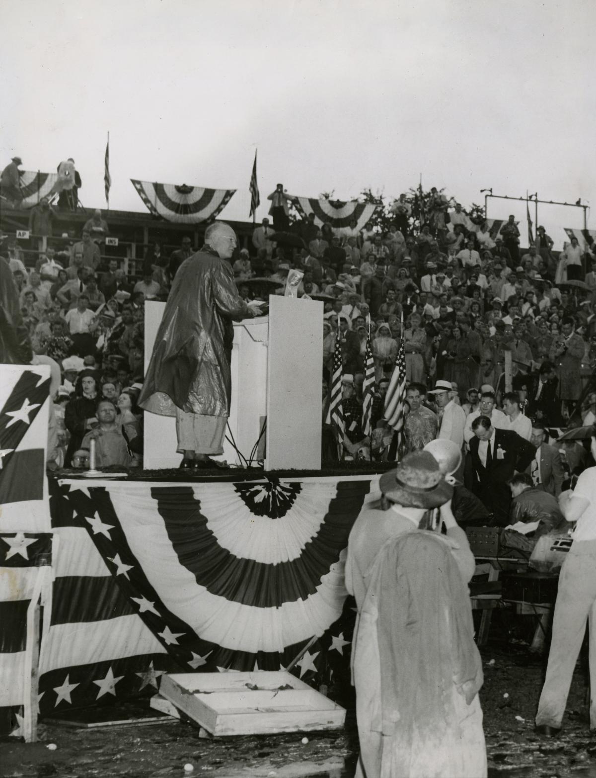 Photo of Dwight Eisenhower making his first political campaign speech for presidency in Abilene, Kansas.