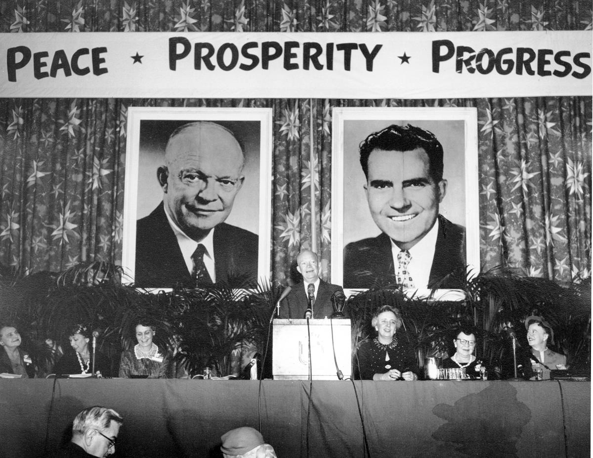 President Eisenhower address the Republican National Women's conference at the Statler Hotel in Washington, DC.