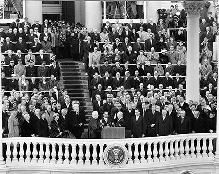 January 21, 1957 - Chief Justice Earl Warren administers the Oath of Office to Dwight D. Eisenhower during the inaugural ceremony