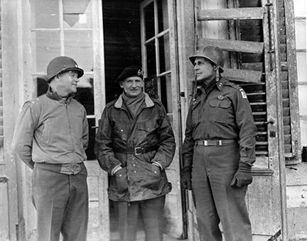 Ardennes-Battle of the Bulge. December 26, 1944 - L to R: Major General J. Lawton Collins, Field Marshal Bernard Montgomery and Major General Matthew Ridgway after a conference in Mean, Belgium.