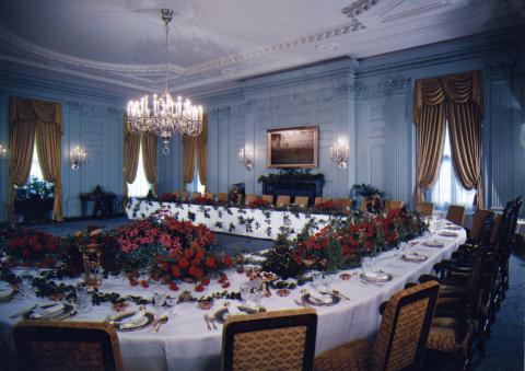 State Dining Room prepared for luncheon President & Mrs. Eisenhower gave for the Shah and Empress of Iran.  December 13, 1954