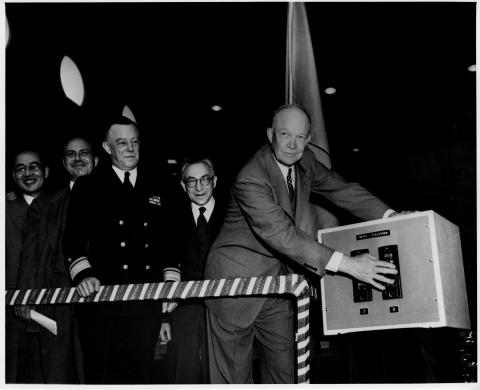 Dwight D. Eisenhower dedicates Columbia University’s new cyclotron. Also present, L to R, are John R. Dunning, dean of the School of Engineering; Rear Admiral Thorvald A. Solberg, USN; and Isidor Isaac Rabi, professor of physics. April 2, 1950 [66-1028]