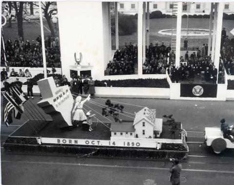 The state of Texas float in the inaugural parade depicts the birthplace of President Eisenhower. January 20, 1953 [68-350-19]