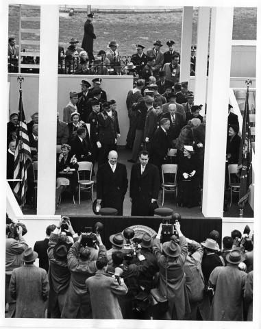 President Eisenhower and Vice President Nixon pose for photographers during the inaugural ceremonies. January 20, 1953 [68-350-28]