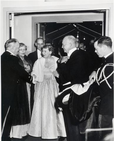 President Dwight D. Eisenhower and Mamie Eisenhower arrive at one of the inaugural balls. January 20, 1953 [68-350-33]