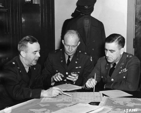 War Plans Division General Staff. Left to Right: Brigadier General Robert W. Crawford, Brigadier General Dwight D. Eisenhower and Brigadier General Leonard Gerow, Washington, DC. January, 1942. [68-637-1]
