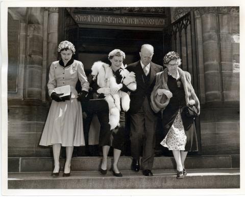 Dwight D. Eisenhower attends Easter Sunday services with his family at the National Presbyterian Church.   Left to Right:  Mrs. John Eisenhower, Mamie Eisenhower, The President, and Mrs. Elivera Doud. April 5, 1953 [72-188-1]