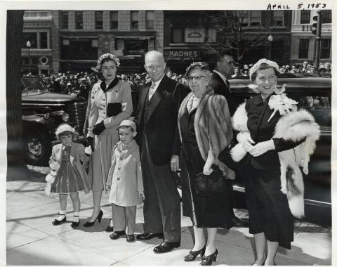 Dwight D. Eisenhower attends Easter Sunday services with his family at the National Presbyterian Church. April 5, 1953 [72-188-6]