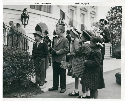 Lost children at Easter Egg Rolling festivities on the south lawn of the White House. April 6, 1953 [72-190-17]