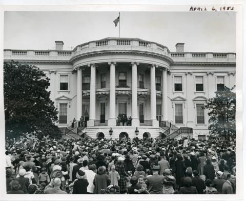 Easter Egg Rolling festivities on the south lawn of the White House. President Eisenhower and his family mingled with the crowd. April 6, 1953 [72-190-9]