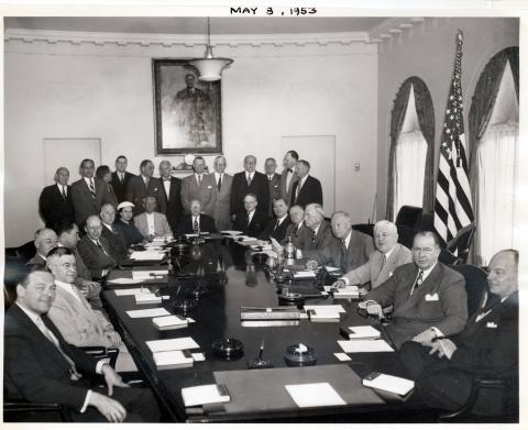 Dwight D. Eisenhower and members of the Cabinet and Administrative Assistants are pictured in the Cabinet Room of the White House. May 8, 1953 [72-262-2] 