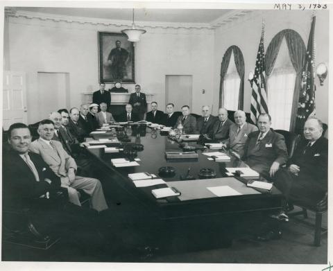 Dwight D. Eisenhower, members of the Cabinet, and Administrative Assistants are pictured in the Cabinet Room of the White House. May 8, 1953 [72-262-3] 