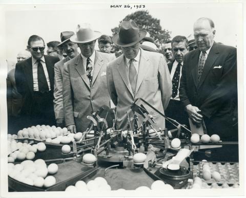 Dwight D. Eisenhower watches an egg sorting machine as he tours the Plant Industry and Research Center, U. S. Department of Agriculture at Beltsville, Maryland. May 26, 1953 [72-305-8]