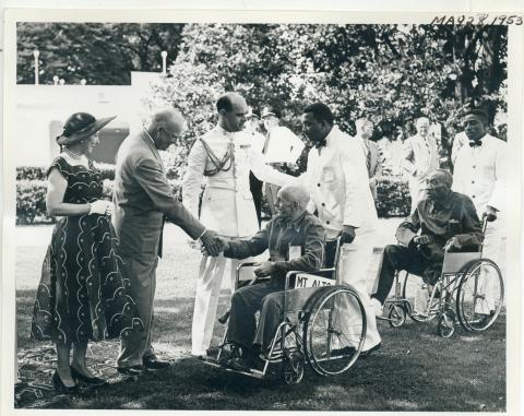 Garden Party given by Dwight and Mamie Eisenhower on the White House lawns. The party was held in honor of disabled veterans from Washington, DC-area hospitals. May 27, 1953 [72-310-11] 
