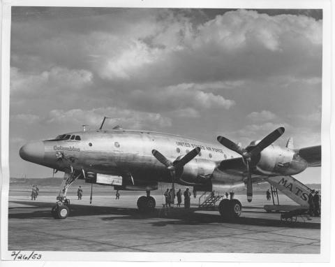 President Dwight D. Eisenhower and Mamie D. Eisenhower board the Columbine at Washington, D. C. to fly to Augusta, Georgia. February 26, 1953 [72-91-3]