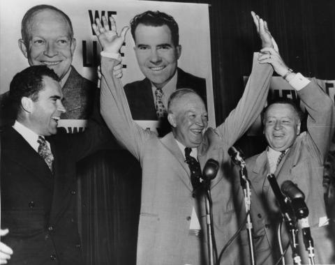 Photo of Richard Nixon, Dwight Eisenhower, and Arthur Summerfield at the Republican National Convention in Chicago, Illinois.