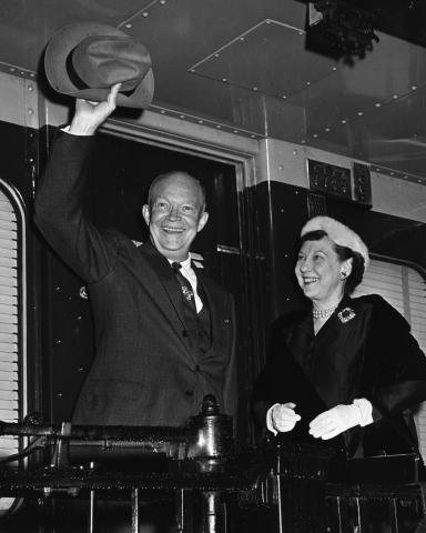 Dwight & Mamie on the campaign train during the 1956 campaign for re-election. Washington, DC.