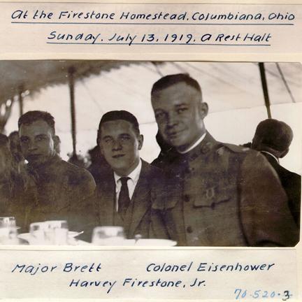 1919 Transcontinental Motor Convoy. "At the Firestone Homestead, Columbiana, Ohio / Sunday, July 13, 1919, A Rest Halt / Major Brett, Harvey Firestone, Jr., Colonel Eisenhower"