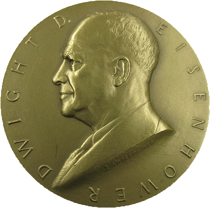 Not to be confused with the official Inaugural Medal, the United States Mint later produced a Medal commemorating Eisenhower's first term in office as part of their Presidential Series. This bronze medal was designed by Gilroy Roberts and Frank Gasparro and was produced in two sizes.