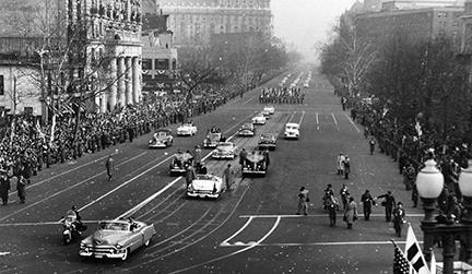 January 20, 1953 - A view of the Presidential section of the Inaugural Parade as it passes the large crowd of people lining the street - 