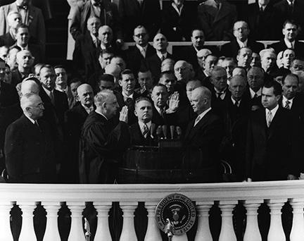 January 20, 1953 - Dwight D. Eisenhower takes the Oath of Office as President of the United States. Chief Justice Fred Vinson administers the oath