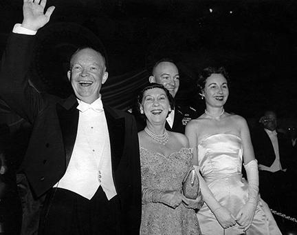 January 21, 1957 - Dwight D. Eisenhower and Mamie Eisenhower attend an inaugural ball with their son John S.D. Eisenhower and his wife Barbara