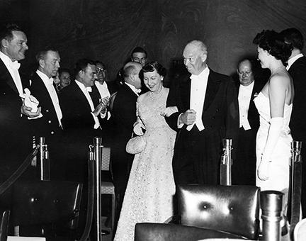 January 21, 1957 - Dwight D. Eisenhower and Mamie Eisenhower arrive at an inaugural ball [72-2064-17]