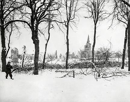 Ardennes-Battle of the Bulge. January 24, 1945 - St. Vith, Belgium, after the Germans had been evacuated by U.S. troops. Snow covers the ground.