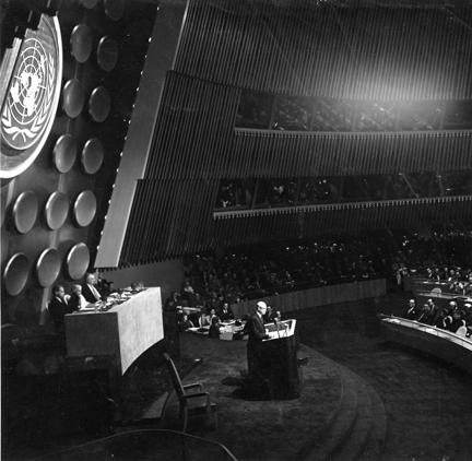 December 8, 1953 - Dwight D. Eisenhower delivering his Atoms for Peace speech before the U.N. General Assembly. [72-595-11]