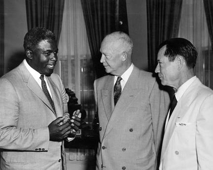 May 14, 1957 - Dwight D. Eisenhower with Jackie Robinson and Joe E. Brown [72-2237-5]