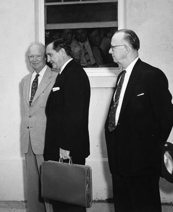 September 14, 1957 - Dwight D. Eisenhower, Arkansas Governor Orval E. Faubus and Arkansas Congressman Brooks Hays at the naval base in Newport, Rhode Island following a two hour conference on the Little Rock school integration controversy