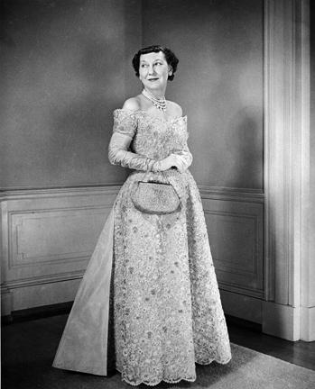 January 16, 1957 - Mamie Eisenhower in her inaugural ball gown [72-2057-2]