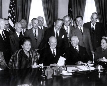 October 19, 1959 - Dwight D. Eisenhower with Committee Chairmen of Dwight D. Eisenhower's People-to-People program [72-3245-2]