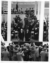 President Eisenhower and Vice President Nixon pose for photographers during the inaugural ceremonies. January 20, 1953 [68-350-28]