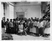 Mamie Eisenhower receives students of the Robert L. Vanna High School in Ahaskie, North Carolina. The meeting took place on the White House Lawn. May 4, 1954 [72-845]