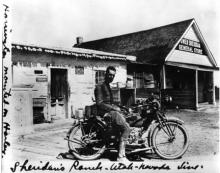 "Harrington mounted on Harley. Sheridan's Ranch - Utah-Nevada line" 1919 Transcontinental Motor Convoy.