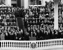 January 21, 1957 - Richard Nixon taking the Oath of Office for his second term. Administering the oath is Senator William Knowland; center is Mark Trice, Secretary of the Senate Minority, who held the Bible