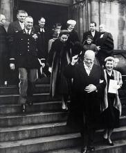 January 20, 1957 - Dwight D. Eisenhower and Mamie Eisenhower leaving the National Presbyterian Church following a pre-inaugural service [72-2061-6]
