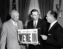 July 7, 1958 - Dwight D. Eisenhower  with Mike Stepovich, Territorial Governor of Alaska, and Secretary of the Interior Fred A. Seaton during the signing of the Alaska Statehood Bill. [72-2796-2]