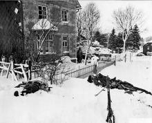 Ardennes-Battle of the Bulge. January 21, 1945 - Dead Nazi soldiers laying where they fell in Dendenburg, Belgium.