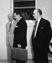 September 14, 1957 - Dwight D. Eisenhower, Arkansas Governor Orval E. Faubus and Arkansas Congressman Brooks Hays at the naval base in Newport, Rhode Island following a two hour conference on the Little Rock school integration controversy