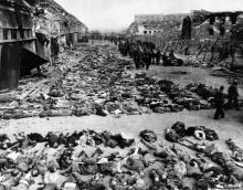 April 12, 1945 - A portion of the bodies found by U.S. troops when they arrived at Nordhausen concentration camp