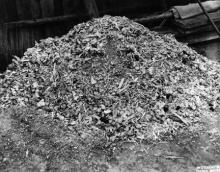 April 14, 1945 - Pile of ashes and bones found by U.S. soldiers at Buchenwald concentration camp