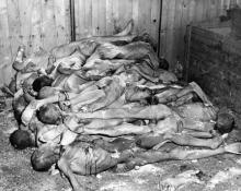 April 12, 1945 - Bodies of prisoners of Ohrdruf stacked like cord-wood