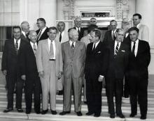 August 10, 1954 - Members of the Special Committee on Highway Problems of the Governors' Conference, and others had a luncheon with Dwight D. Eisenhower. Front Row: Wetherby of Kentucky; Pyle of Arizona; Kennon of Louisiana; Kohler of Wisconsin; Patterson of Oregon; and Lausche of Ohio. [72-1004-2]