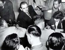 August 15, 1949 - Senator Joseph R. McCarthy talking to reporters after a session of his Senate Investigations Subcommittee.